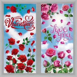 FINGOOO Red Rose Dark Pink Rose Window Clings, 6 Sheets Valentine's Day Window Stickers Double Sided Wedding Party Home Decorations