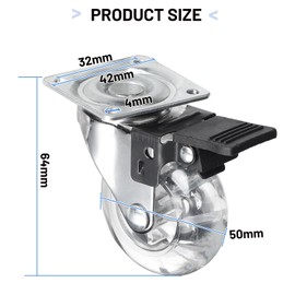 SWAWIS Set of 4 Furniture Castors Small Furniture Castors 50 mm Furniture Castors with Brake Wheels for Furniture Swivel Castors Load Capacity 160 kg 360° Rotatable Castors Transport Wheels for Pallet