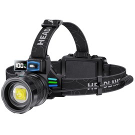 WWOAA Super Bright Headlamp Rechargeable 4000 High Lumens LED Head Lamp Battery Powered, 12 Modes Waterproof Comfortable Headlight Zoomable Digital Display Headlamps for Hardhat Camping Hiking Fishing