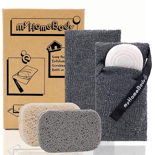 myHomeBody 2 Soap Pads + 2 Soap Pockets | Exfoliating Soap Saver Pouch | Body Scrub Bath | Exfoliating Sponge for Shower | Graphite Gray