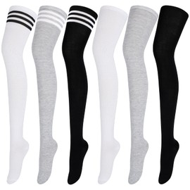 Aneco 6 Pairs Extra Long Socks Long Boot Stockings Thigh High Socks for Women (Light Gray, Mix Stripe Colors, Black Pure Colors)