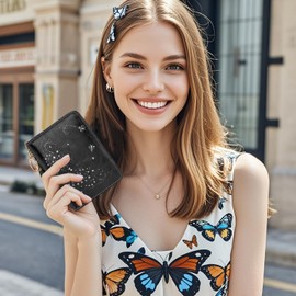 KITEVIUN Small Wallet for Women RFID Blocking Slim Bifold Wallet Butterfly Design Credit Card Holder Womens Wallet with Zipper Coin Purse-Black
