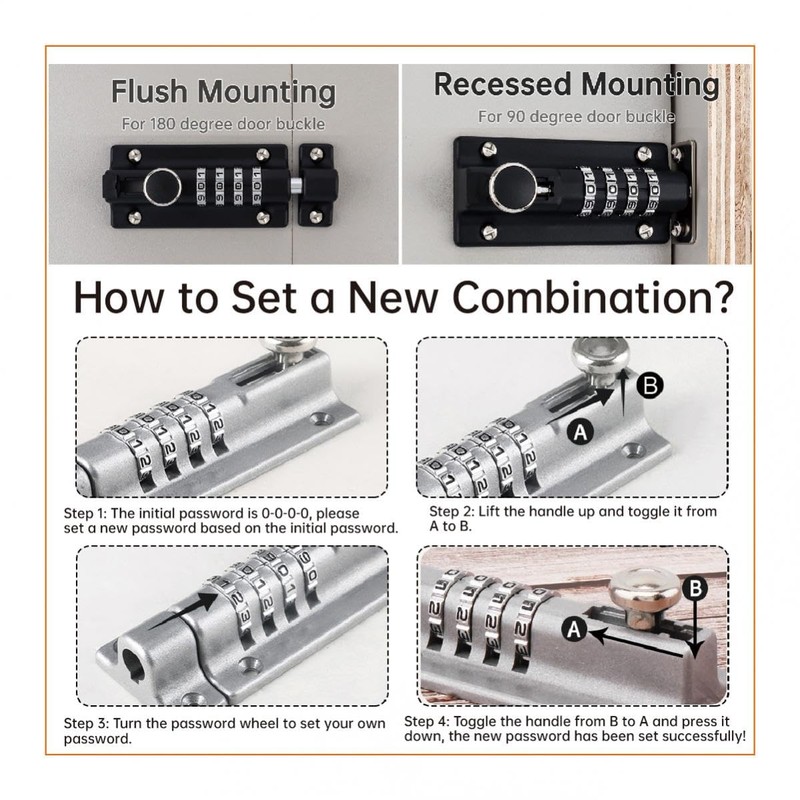 HOJLKLD Combination Locking Bolt, 4 Digit Combination Door Security Slide