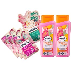 Balea Set of 7 Hair and Skin Care: Cloth Mask Be Wonderful 3 Pieces + Cloth Mask Fruit Peach 2 Pieces + Shampoo Tropical Delight Summer Fragrance, Radiant Shine & Smoothness (2 x 300 ml) 600 ml