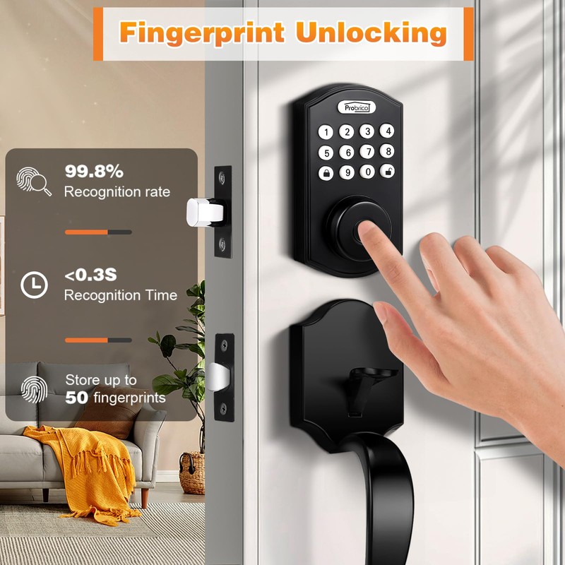 Probrico Fingerprint Keyless Entry Door Lock with Handle, Smart Front