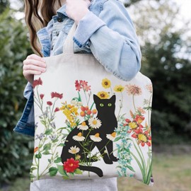 Pairxily Cute Cat Canvas Tote Bag Floral Aesthetic Vintage Tote Bags For Women Utility Grocery Reusable Shopping Casual Bag(White)