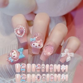 24Pcs Cute Kawaii Press on Nails,3D Long False Nail,Nude Pink Coffin Design Fake Nails,Acrylic Stick on Nail Removable for Women Full Cover Stick Nail Art(Cute Kawaii)