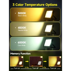 50 W Outdoor LED Spotlight with Plug and 1.5 m Cable, 3000 K/4500 K/6500 K LED Headlight with Memory Function, 5000 LM IP66 Waterproof LED Floodlight for Yard, Garden, Garage, Sports Field