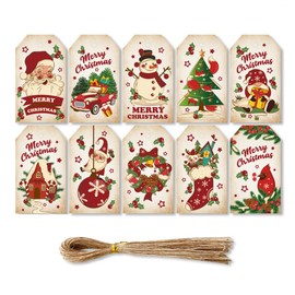 50 PCS 10 Styles Merry Christmas Labels with Hanging String Christmas Tags for Presents Wrapping Christmas Tree Decoration DIY Craft, 1#