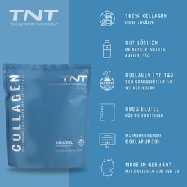 TNT Collagen Powder (800 g) • Collagen Powder with Brand Raw Material Collapure® • Collagen Peptides Type 1 & 3 • 80 Servings • Grass-Fed Grazing Cattle • Tasteless & Perfectly Soluble