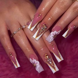 Light Luxury V French Tips Press on Nails with Rhinestones Designs, Glossy Glitter Medium Coffin Length Fake/False Nails Full Cover Acrylic Nails X Glue Stick on Artificial Fingernails for Women Girls