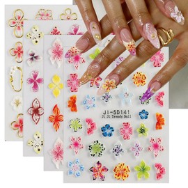JMEOWIO 3D Embossed Colorful Flower Nail Art Stickers Decals Self-Adhesive 5D Spring Summer Floral Nail Supplies Nail Art Design Decoration Accessories 4 Sheets