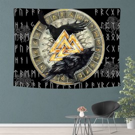 Arsey Nordic Mythology Viking Tapestry Wall Towels Valknut Ravens Art Wall Hanging Meditation Rune Wall Towel for Living Room Bedroom Medieval Decoration 200 cm x 150 cm