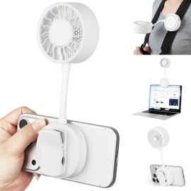 Magnetic Phone Fan, Small Portable Fan & Phone Stand with 360° Flexible Gooseneck, 3 Speeds, Wide Airflow, Rechargeable, Pocket Size for Women, Travel, Beach, Summer Cooling, Makeup Use, White