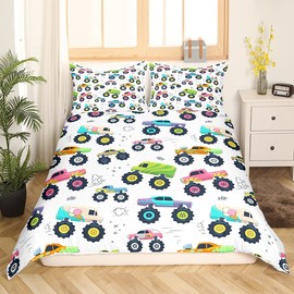 Loussiesd Cars Duvet Cover Cute Monster Truck Bedding Set for Kids Boys Heavy Machinery Equipment Comforter Cover Cool Vehicle Modified Colorful Bedding & Linen 3Pcs Double Size