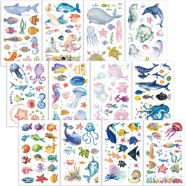Qpout Sea Animals Temporary Tattoos for Children, Sea Life Tattoos for Children, Party Gifts, Dolphin Shark Octopus Fish Starfish Tattoo Stickers, Boys Girls Birthday Gifts Pocket Filler