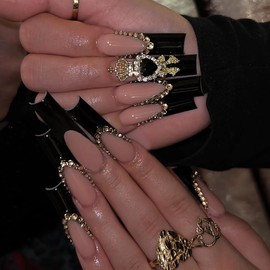 BABALAL Press on Nails Long Square Fake Nails Black French Tip Glue on Nails Gold Crown Charm Luxury Acrylic Nails Heart Bow Goth False Nails 24Pcs Squoval Stick on Nails Valentine Artificial Nails