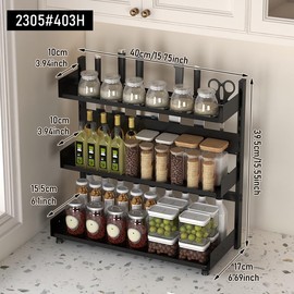 3-Tier Spice Rack Organizer with Knife Holder, Black Metal Counter Storage Shelf, 15.75x15.5x6.69 Inch, Adjustable Height, Detachable Design