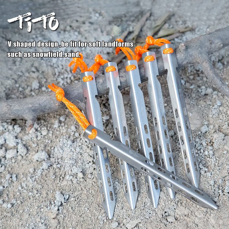TiTo Titanium Tent Stakes 10X10X160mm 6 Pack V-Shaped Windproof Tent