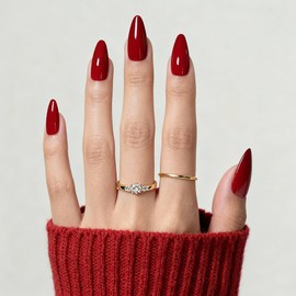 Uñas Postizas Color Rojo Vino Almendra - Uñas Acrílicas Postizas Rojo Oscuro Medio, Uñas Adhesivas Para Fiestas, Cumpleaños, Navidad, Regalo, En 15 Tamaños - Kit De 30 Uñas Postizas, Rojo Os