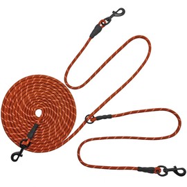 BTINESFUL 12FT 20FT 30FT Reflective Dog Tie Out for 2 Dogs, No Tangle 1/3 Inch Nylon Rope Long Tether for Two Dogs, Dog Trolley Runner for Yard Outdoor Camping (Orange, 20ft)