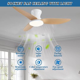 42 Inch 38W Log 1Pack Ceiling Fans with Lights Low Profile Ceiling Fan with Light and Remote Control, Flush Mount, Reversible, 3CCT, Dimmable, Quiet, Black Small Ceiling Fan for Bedroom Indoor