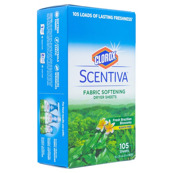 Clorox Scentiva Fabric Softening Dryer Sheets - Fabric Sheets in Fresh Brazilian Blossoms Scent - Laundry Dryer Sheets for Fresh & Clean Clothes - Fabric Softener Sheets, Dryer Sheet, 105 Count