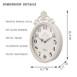 Abdurey Small French Retro Decorative Wall Clock, Ivory White Vintage Oval Style,Silent Battery Operated Boho Decor Wall Clocks for Farmhouse,Kitchen,Bedroom,Bathroom(10.4" H x 6.7" W)