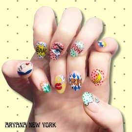 Press on Nails Handmade Medium Almond Fake Nails Clear Press on False French Tip Nails with Hand Painted 3D Pop Art Design Fall Nails for Women - Pop Art Collection - (Medium)