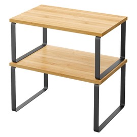 2 Pack Cabinet Organizer Shelves, Stackable and Expandable Kitchen Counter Shelf, for Kitchen Cabinet Countertop Storage, Spice Rack, Metal and Premium Bamboo (Black, 11.7" W)