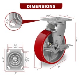 LONGRUNFORU 6" X 2" Industrial Brake Caster Heavy Duty,Load Capacity 1200lbs, No Noise Polyurethane Wheel on Steel Hub for Toolbox Workbench (2 Pack)