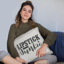 Lipstick Junkie, Title for Lipstick Lovers - Beauty Themed Merch for Makeup Artist or Cosmetologist, Gift for Makeup Lovers, Pillow Cover, White 20X20 in