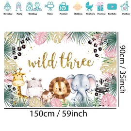Safari Wild Three Backdrop Cartoon Safari Animal Jungle Girl 3rd Birthday Party Decoration Photography Backdrop Birthday Poster, 150cm x 90cm