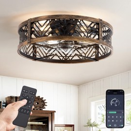 LEDIARY 20" Caged Ceiling Fan with Light, Small Flush Mount, App&Remote Control, Low Profile Bladeless Fan Light Fixture 6 Speed, Reversible and Quiet Motor-Black Gold