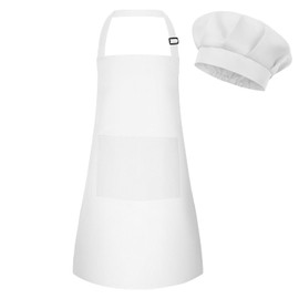BOUBONI Kids Apron and Chef Hat Set Adjustable Child Art Aprons with 2 Pockets Toddler Chef Hat and Apron for Cooking Baking Painting (White)
