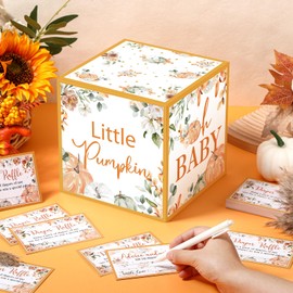Teling 51 Pieces Diaper Raffle Tickets with Card Box Baby Shower Decorations Baby Shower Holder Box for Girl Boy Diaper Raffle Party(Little Pumpkin)