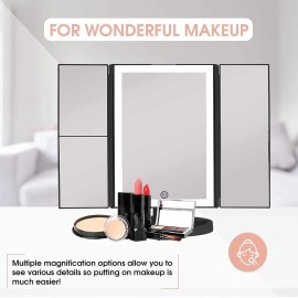 Beautyworks Backlit Vanity Makeup Mirror 36LED Lights Tri-Fold Portable 1X2X3X Magnification