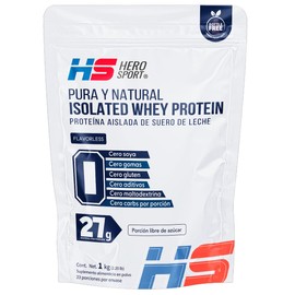 HS HERO SPORT Protein Pure and Natural Whey Protein Isolate 1kg. 100% Proteína Aislada, 27g de Proteína, 0 Azúcar, 0 carbs, 0 Flavor, Gluten Fre, Bottle Free, 33 Porciones.
