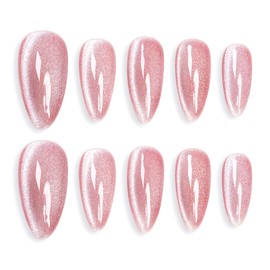 Sun&Beam Nails Handmade Press-on Medium Long Almond Fuchsia Pink Cat Eye Design Charming False Nail Tips 10 Pcs (#124 M)