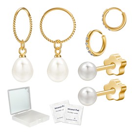 Koariya 3 Pairs 316L Stainless Steel Earrings Set - 8mm CZ Hoops, 4mm Non-Slip Pearl Studs, 10mm Twist Split Rings with 8x10mm Teardrop Pearls | Hypoallergenic earrings pearl& Convertible Body Jewelry (Gold)