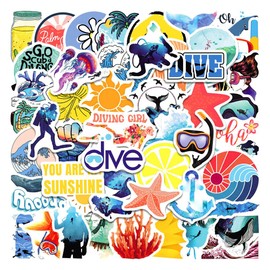 Summer Diving Stickers for Water Bottles, 50 PCS Diving Adventure Diver Sticker for Laptop Skateboard Surfboard Scrapbooking Luggage, Cool Waterproof Decals for Teens Kids Boys (Diving Stickers)
