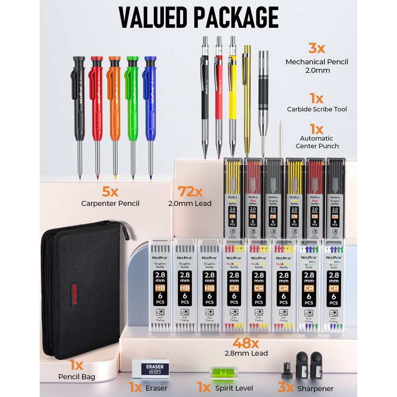 Nicpro 31 Pack Carpenter Pencil Set with Sharpener, Mechanical Carpenter
