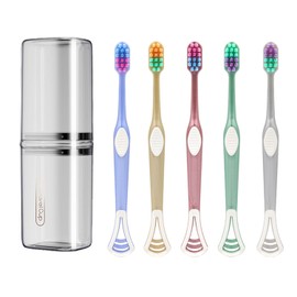 PROBUSINES - All-in-one Soft Toothbrush, deep Tartar Removal, Gentle bristles, Clean Teeth, Tongue Cleaner, Gum Stimulator, 5-Pack, with Travel Mug