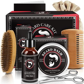 Kit de crecimiento de barba para hombres – Kit de aseo de barba con aceite para barba, bálsamo para barba, cepillo para barba, peine para barba, tijera, bolsa de almacenamiento, kit de cuidado de la barba regalos para hombres, papá, él, novio, hermano, marido