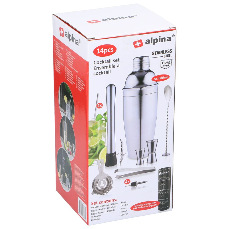alpina Cocktail Set Complete – 14 Pieces – Cocktail Shaker/Stamper/Jigger/Etc