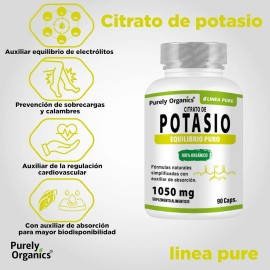 Potasio Citrato Orgánico 90 Cápsulas, Purely Organics. Sabor Sin sabor