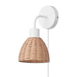 Globe Electric Briar 1-Light Plug-in or Hardwire Wall Sconce, Matte White, Rattan Shade, 6ft White Braided Fabric Designer Cord, in-Line On/Off Rocker Switch, Bulb Not Included