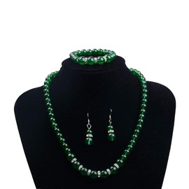 Elegant Faux Pearl Imitation Crystal Necklace Earring and Bracelet Red Green Color Costume Jewelry Set for Women - Green
