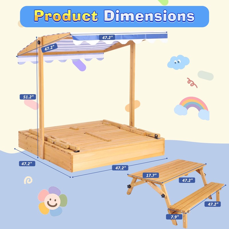 Haverchair Kids Wooden Sandbox with Picnic Table, 2-in-1 Large Sand