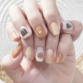 24Pcs Short False Nails with Bakery Dim Sum Pattern,Press on Nails Stick on Nails for Women and Teens,Squoval Glue on Nails for Nails Art